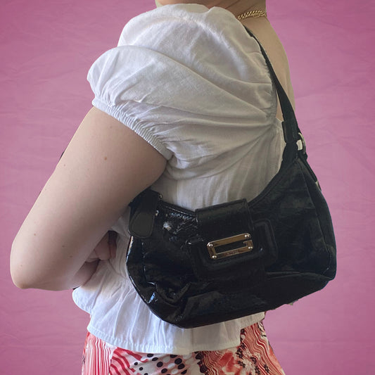 Vintage Y2K Guess Shiny Black Baguette Bag