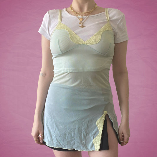 Vintage Y2K Mint Striped Sheer Slip with Yellow Detailing