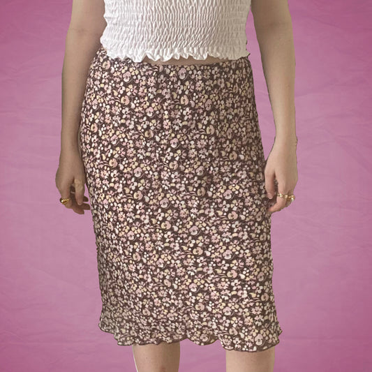 Vintage Y2K Brown Floral Midi Mesh Skirt