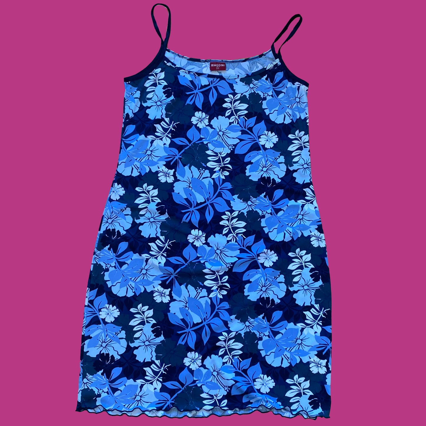 Vintage Y2K Blue Slinky Hawaiian Print Midi Dress