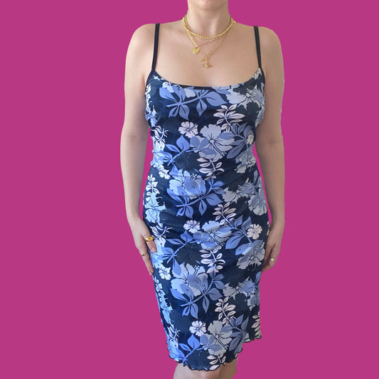Vintage Y2K Blue Slinky Hawaiian Print Midi Dress