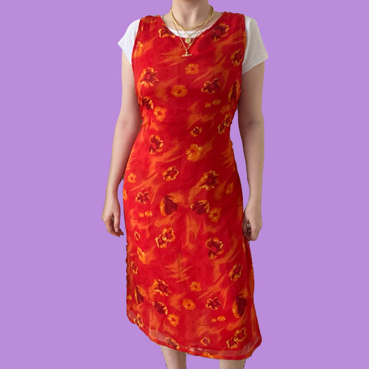 Vintage 90's Orange Floral Mesh Maxi Dress
