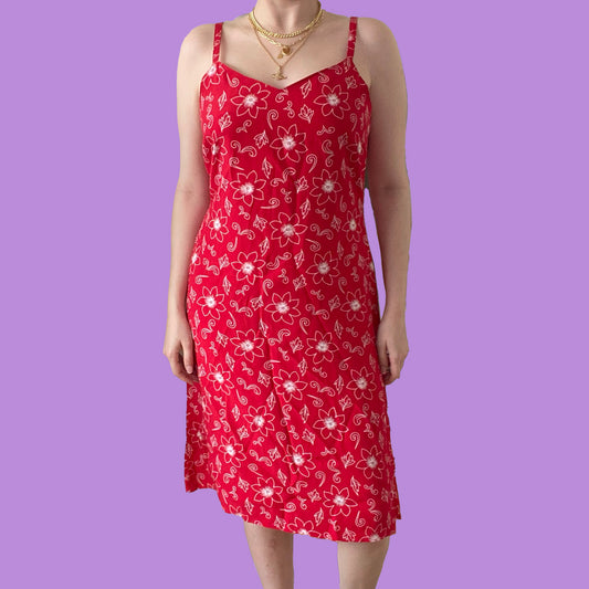 Vintage 90's Red Floral Midi Dress