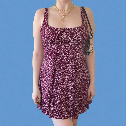 Vintage 90's Burgundy Ditsy Floral Mini Dress