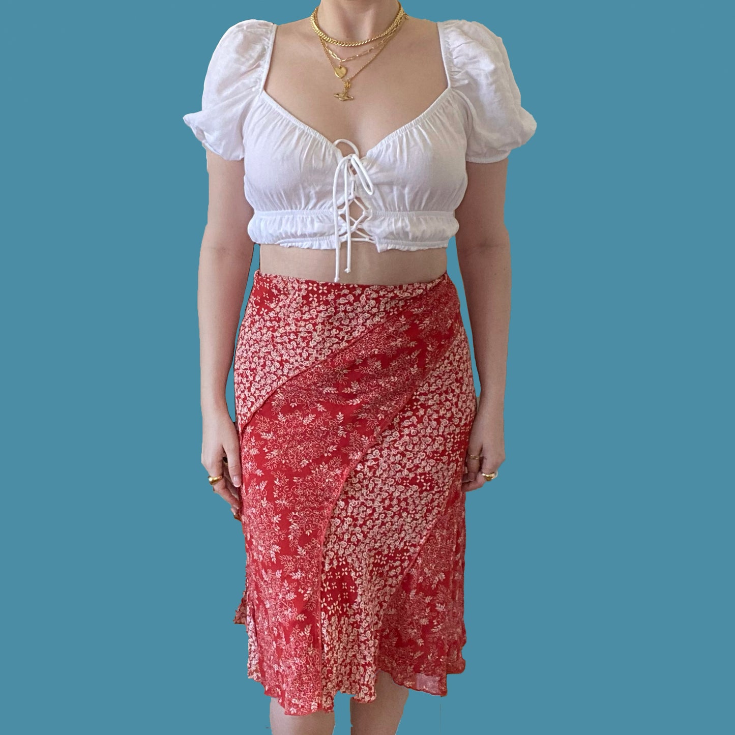 Vintage Y2K Red Floral Patchwork Mesh Midi Skirt