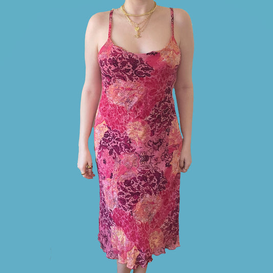 Vintage Y2K Pink Paisley Midi Mesh Dress