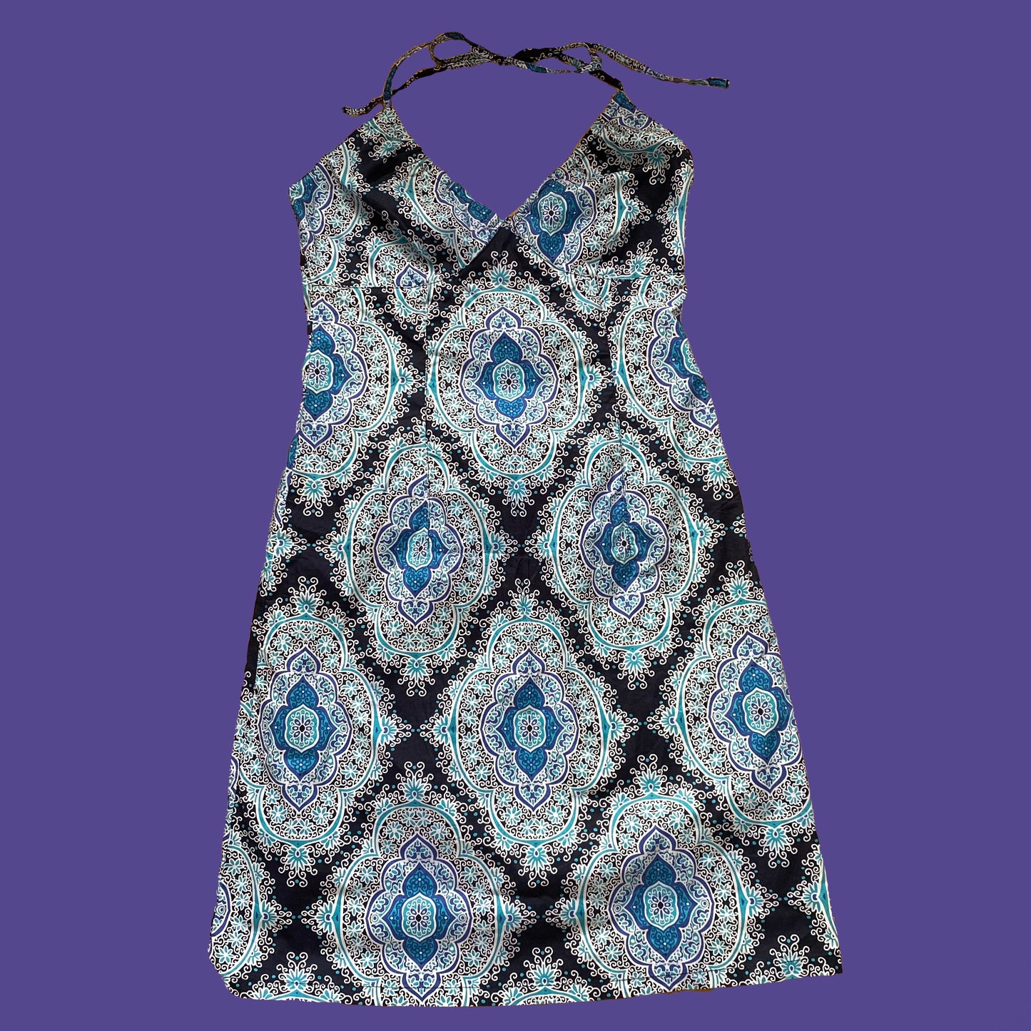 Vintage Y2K Blue Paisley Print Halter Dress