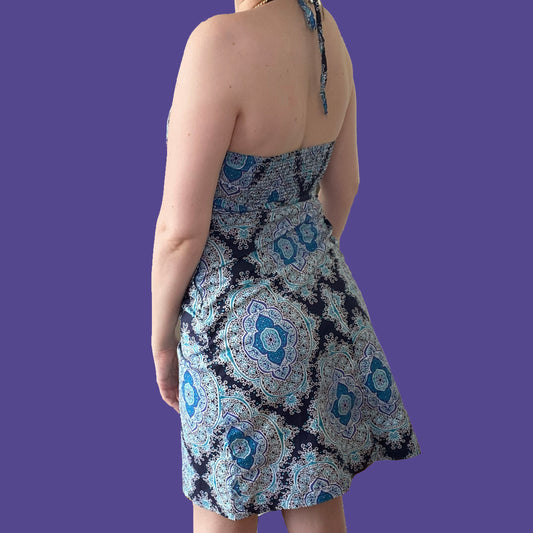 Vintage Y2K Blue Paisley Print Halter Dress