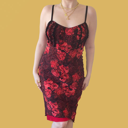 Vintage 90's Red Floral Midi Mesh Dress