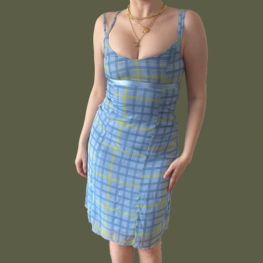 Vintage 90's Blue Plaid Mesh Midi Dress