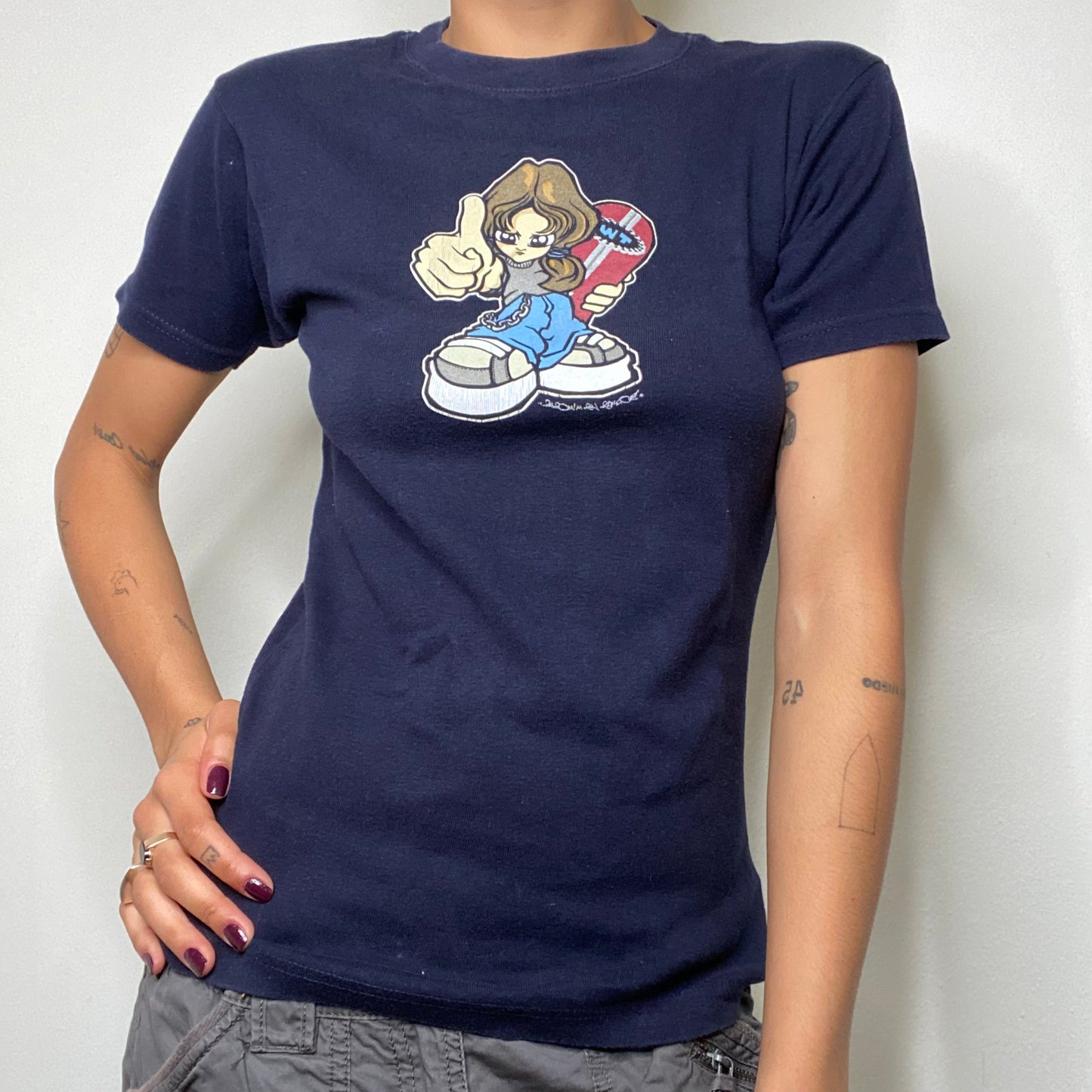 Vintage 90's Skater Navy Blue Baby Tee with Skater Girl Print (S/M)