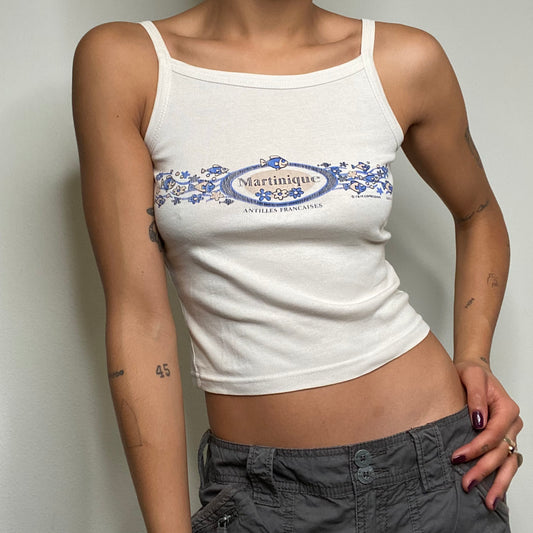 Vintage 90's Cute White Cami Top with 'Martinique' Print (XS/S)