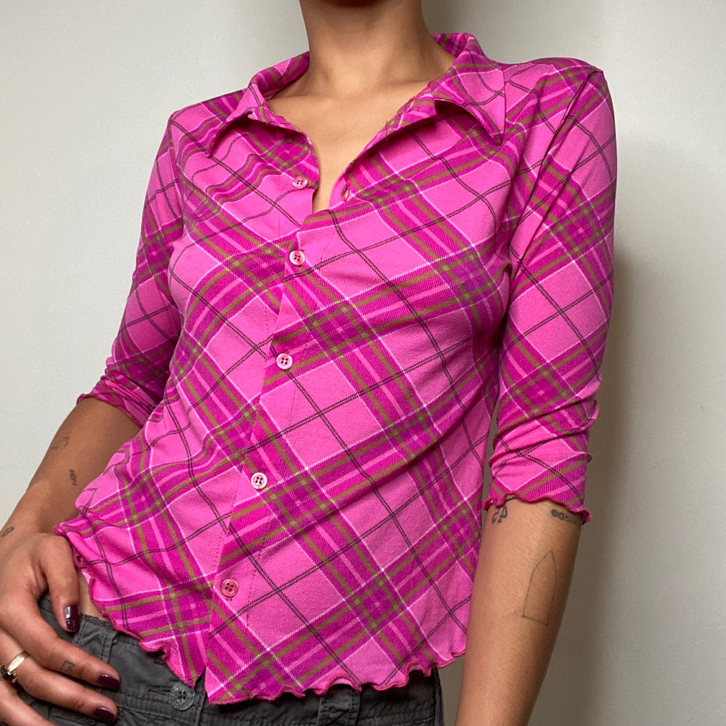 Vintage 90's Funky Pink Plaid Button Up Blouse (S)