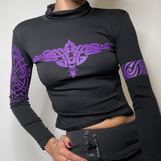 Vintage 90's Rave Black Turtleneck Top with Purple Tribal Print (S)