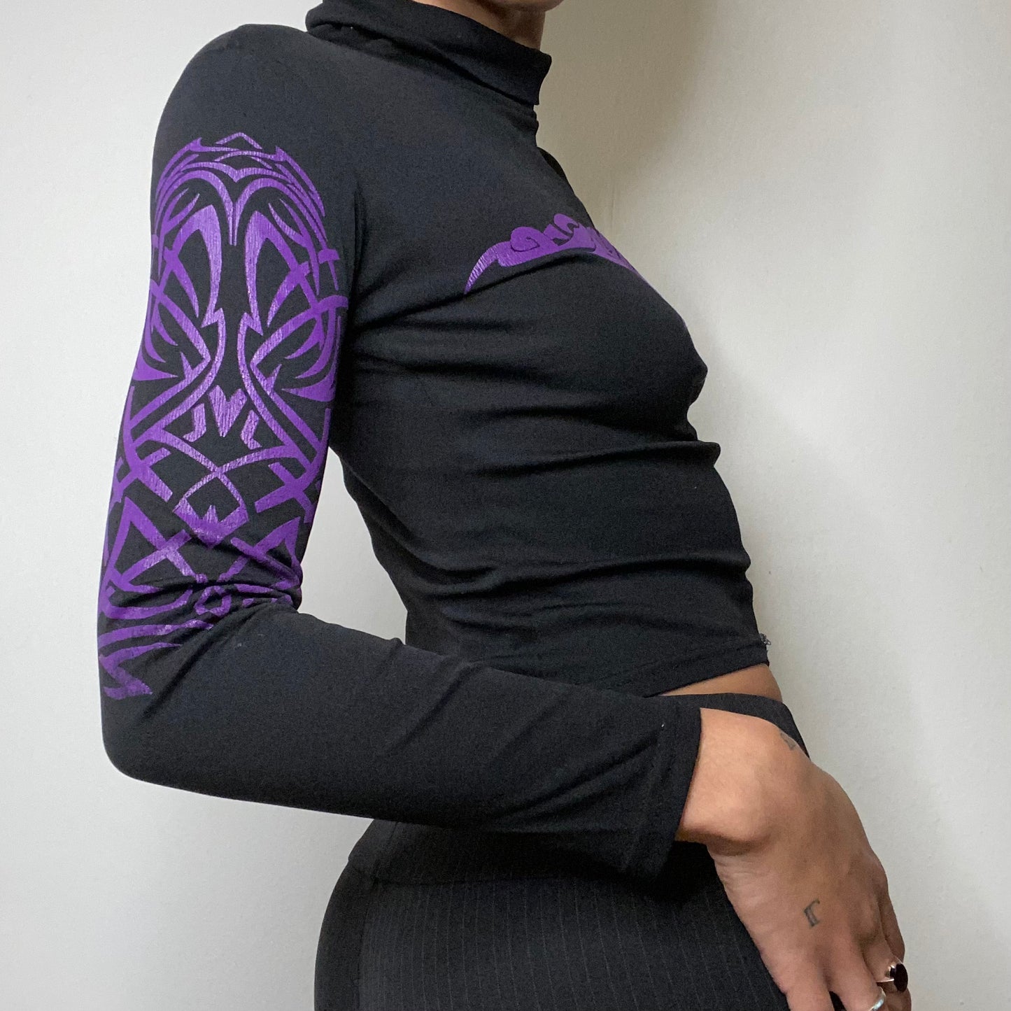 Vintage 90's Rave Black Turtleneck Top with Purple Tribal Print (S)