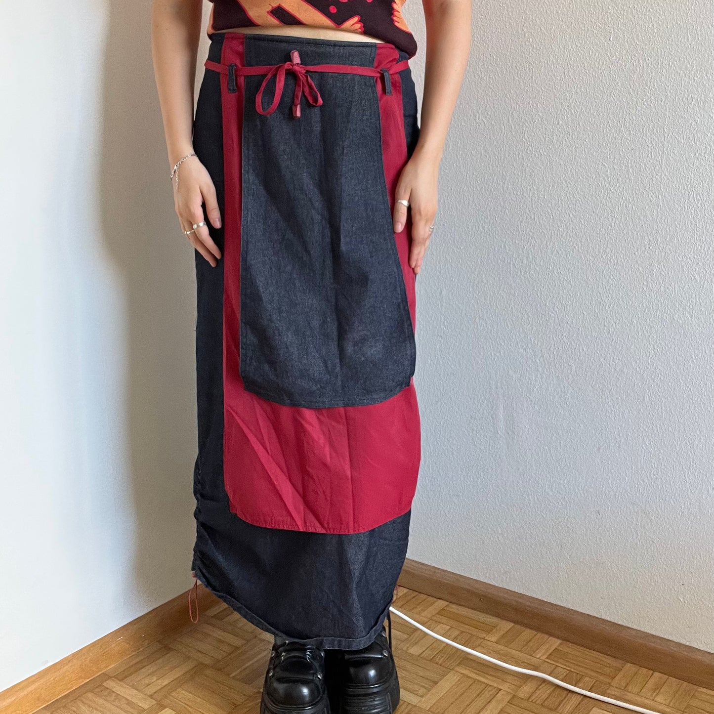 Vintage 90's Archive Dark Wash Denim Cargo Maxi Skirt with Red Layer (S)