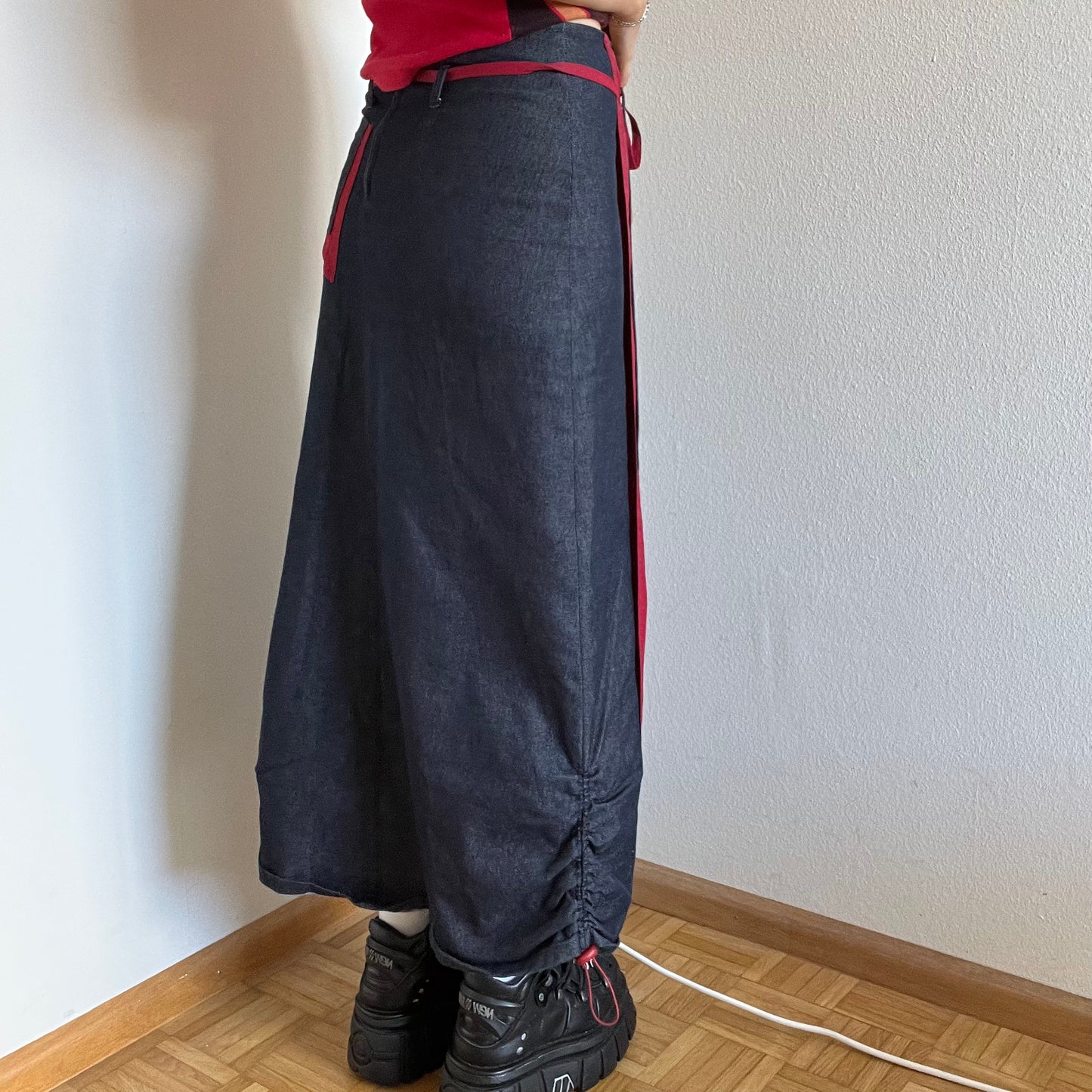 Vintage 90's Archive Dark Wash Denim Cargo Maxi Skirt with Red Layer (S)