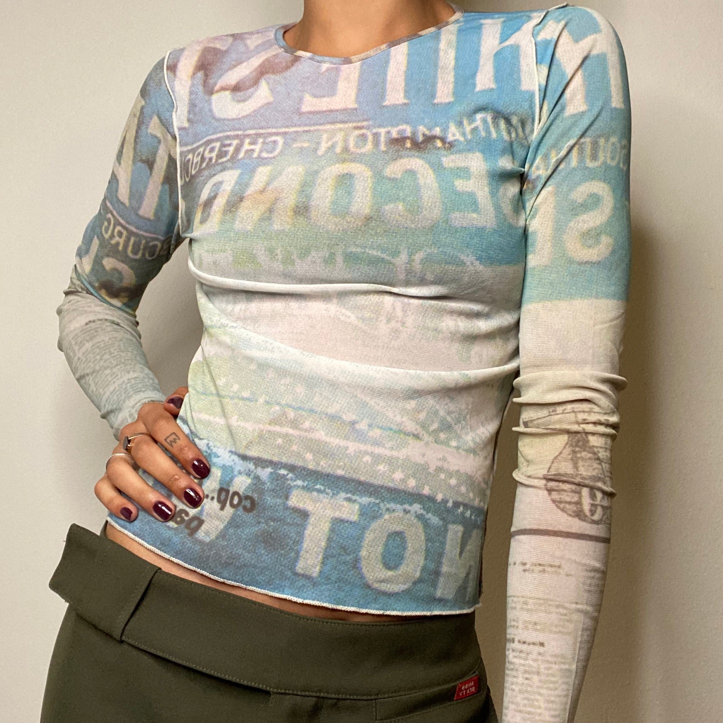 Vintage 90's Archive Cop Copine Grey and Blue Mesh Longsleeve Top (S)