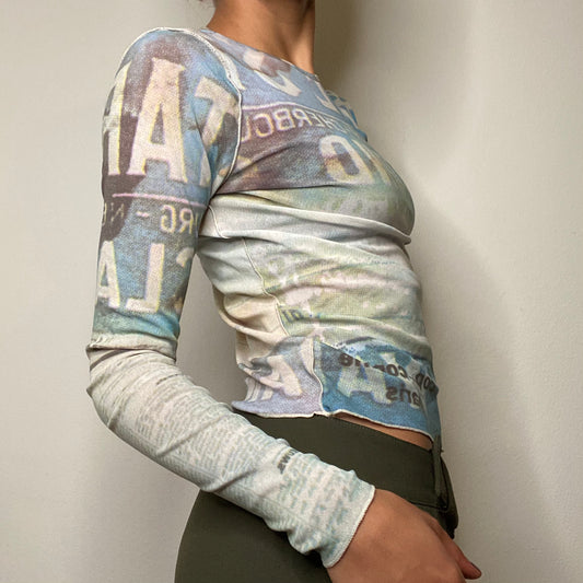 Vintage 90's Archive Cop Copine Grey and Blue Mesh Longsleeve Top (S)