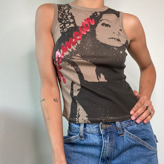 Vintage 90's Grunge Khaki Tank Top with Screen Print (S/M)