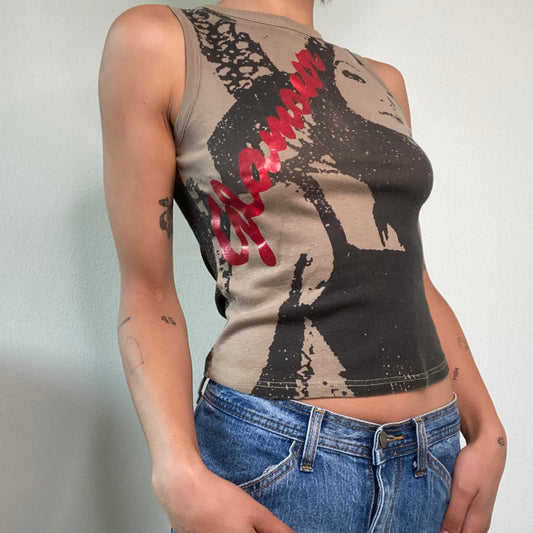 Vintage 90's Grunge Khaki Tank Top with Screen Print (S/M)