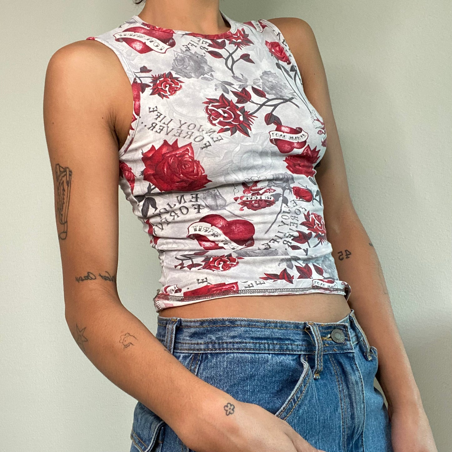 Vintage 90's Skater Grey High Neck Tank Top with Rose and Heart Tattoo Prints (XS/S)