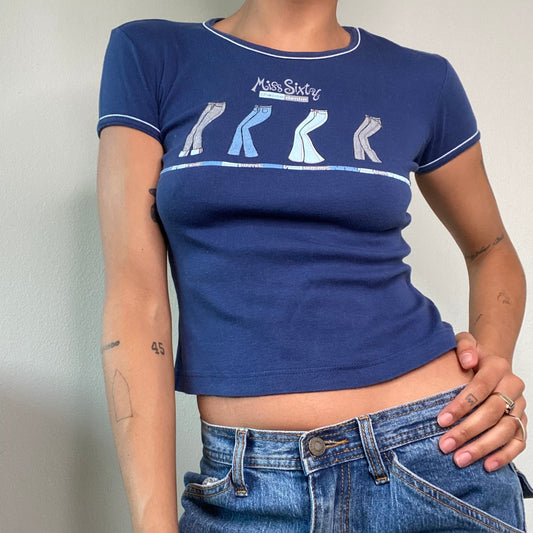 Vintage 90's Archive Miss Sixty Blue Baby Tee with Jeans Graphic Print (S)