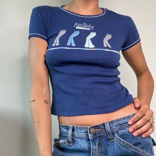 Vintage 90's Archive Miss Sixty Blue Baby Tee with Jeans Graphic Print (S)