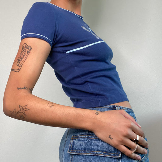 Vintage 90's Archive Miss Sixty Blue Baby Tee with Jeans Graphic Print (S)