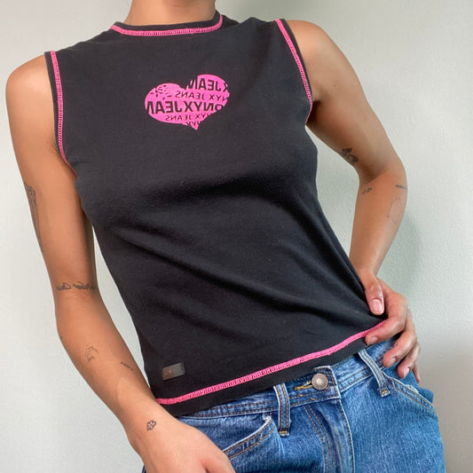 Vintage 90's Skater Black Tank Top with Pink Heart and Pink Stitching (S/M)