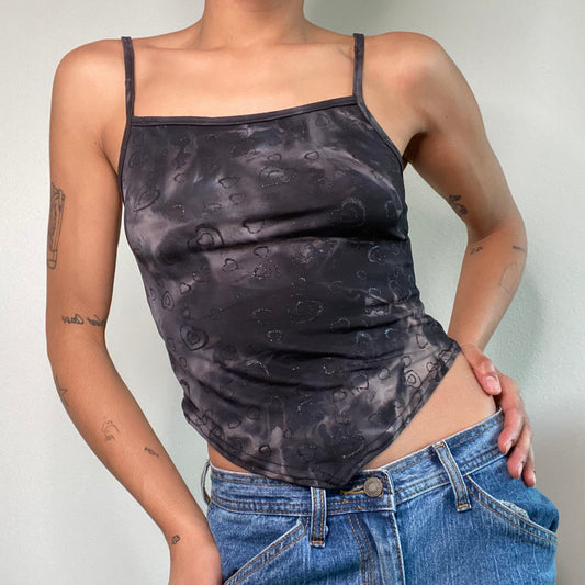 Vintage 90's Clubwear Black Smokey Top with Glittery Hearts and Triangle Hem (S/M)