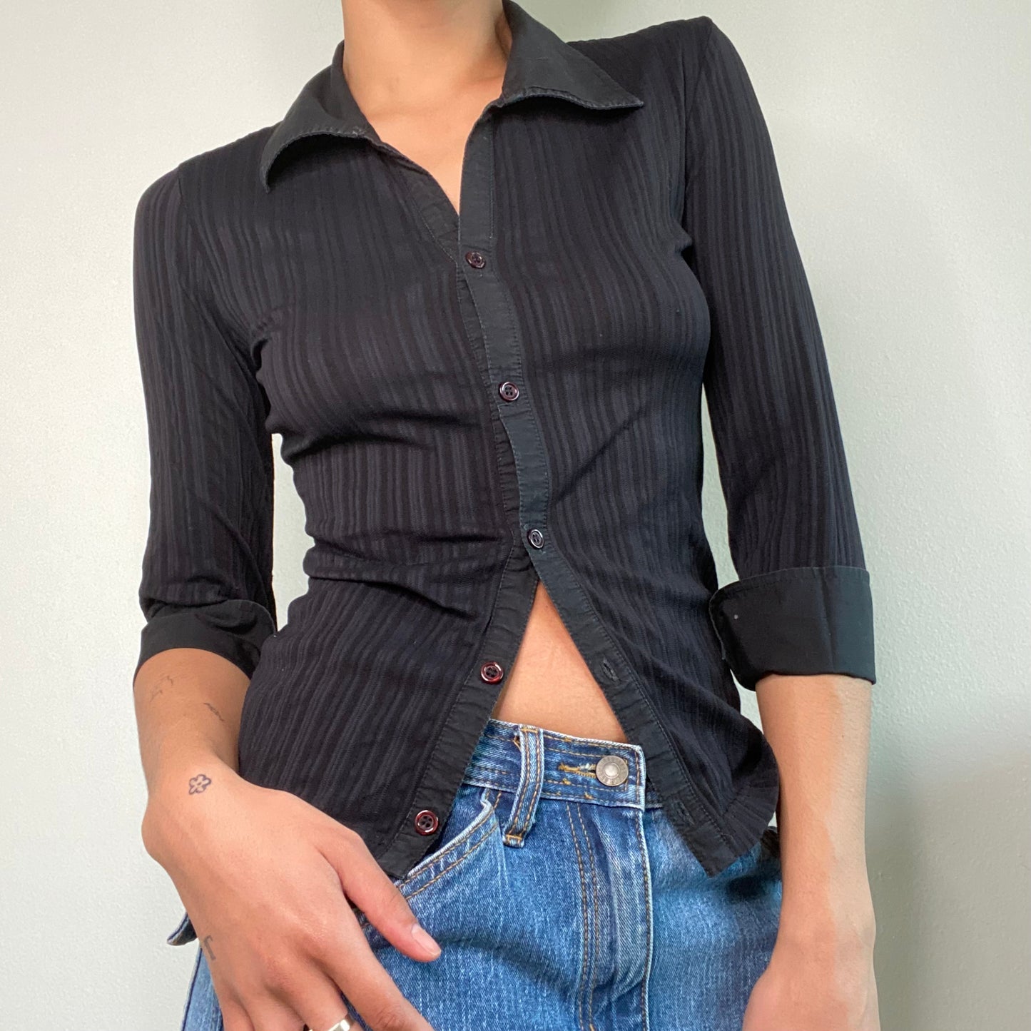 Vintage 90's Rachel Green Black Ribbed Midi Sleeve Button Up Blouse (S)