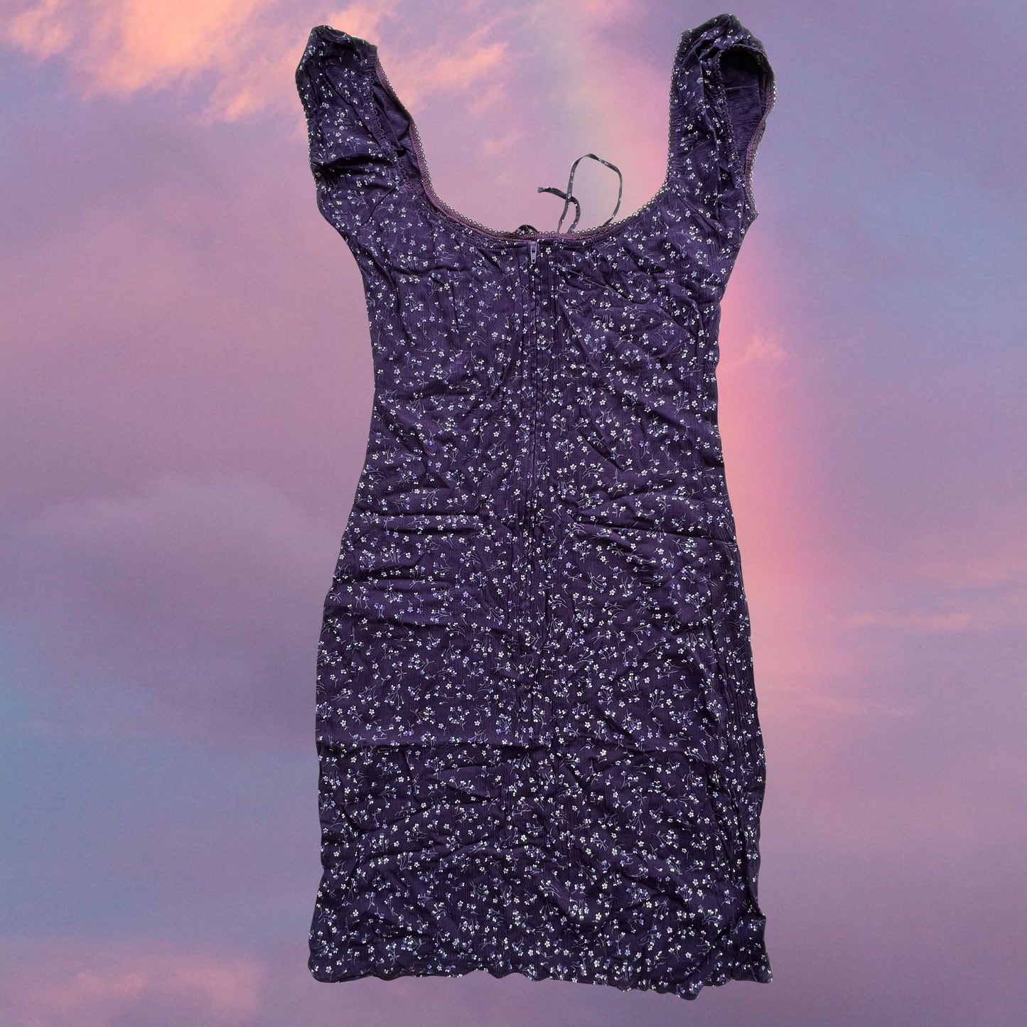 Vintage 90's Romantic Purple Floral Milkmaid Dress (36 EU / UK 8 / US 4)