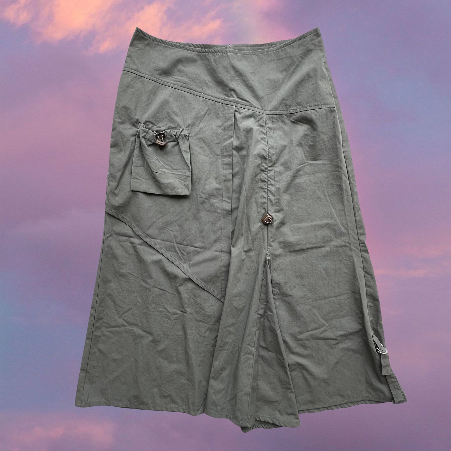 Vintage 90's Techwear Green Cargo Maxi Skirt with Drawstring Details (36 EU / UK 8 / US 4)