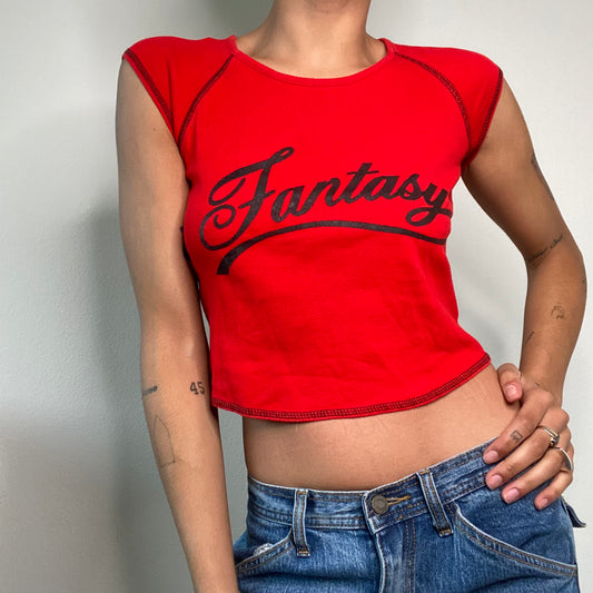 Vintage 90's Skater Red Baby Tee with 'Fantasy' Print (S)