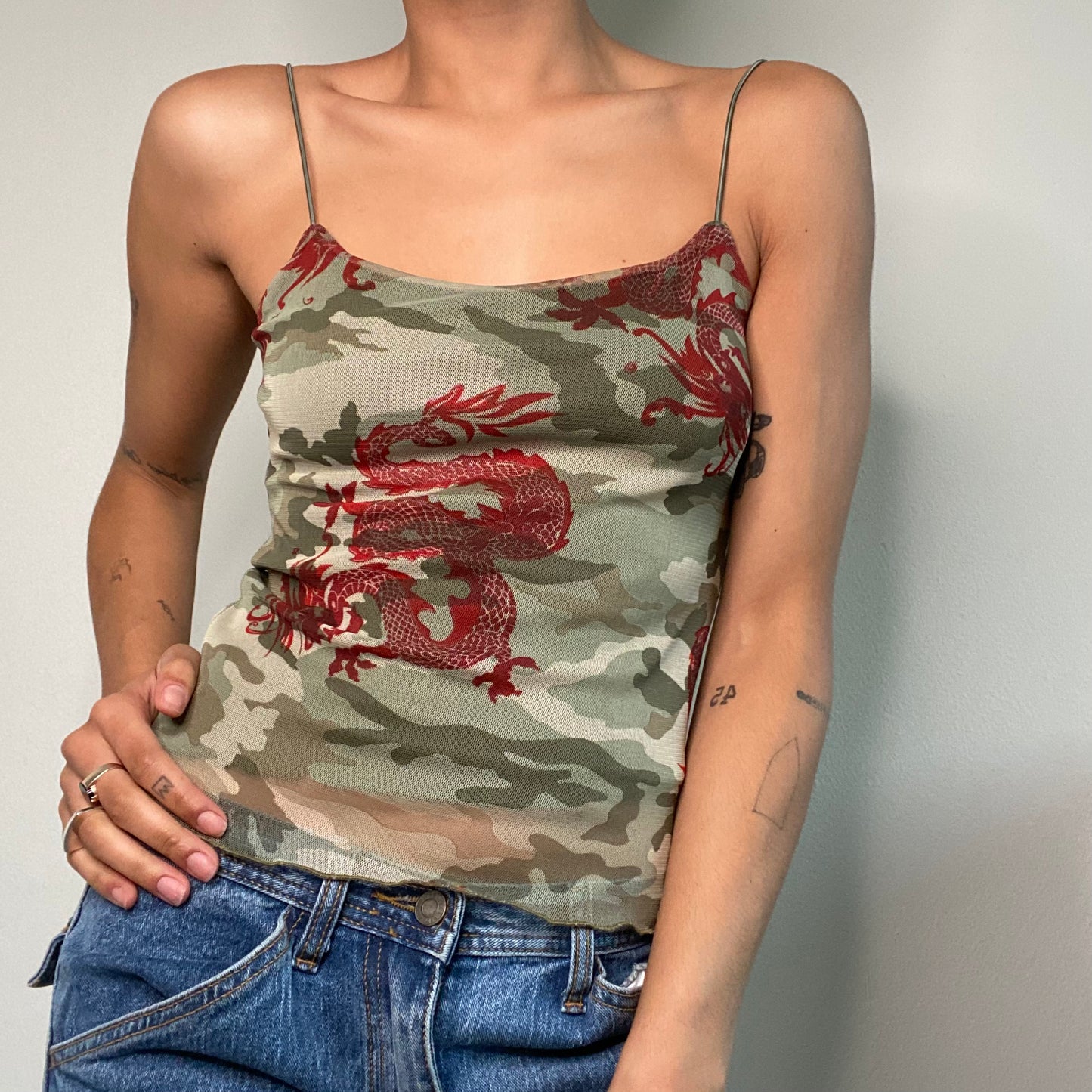 Vintage 90's Grunge Camo Top with Red Dragon Print (S/M)