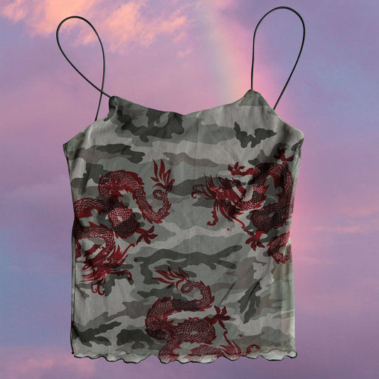 Vintage 90's Skater Camo Mesh Cami Top with Red Dragon Print (M)