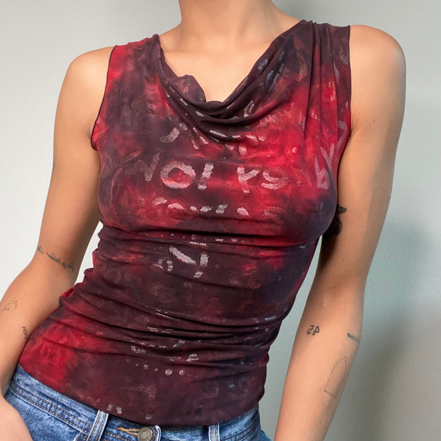 Vintage 90's Grunge Bordeaux Waterfall Neckline Top with Writing Print (S/M)