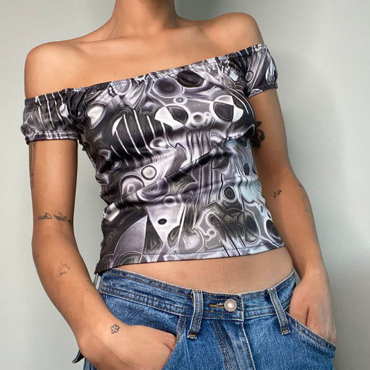 Vintage 90's Funky Black and White Off Shoulder Top (S)