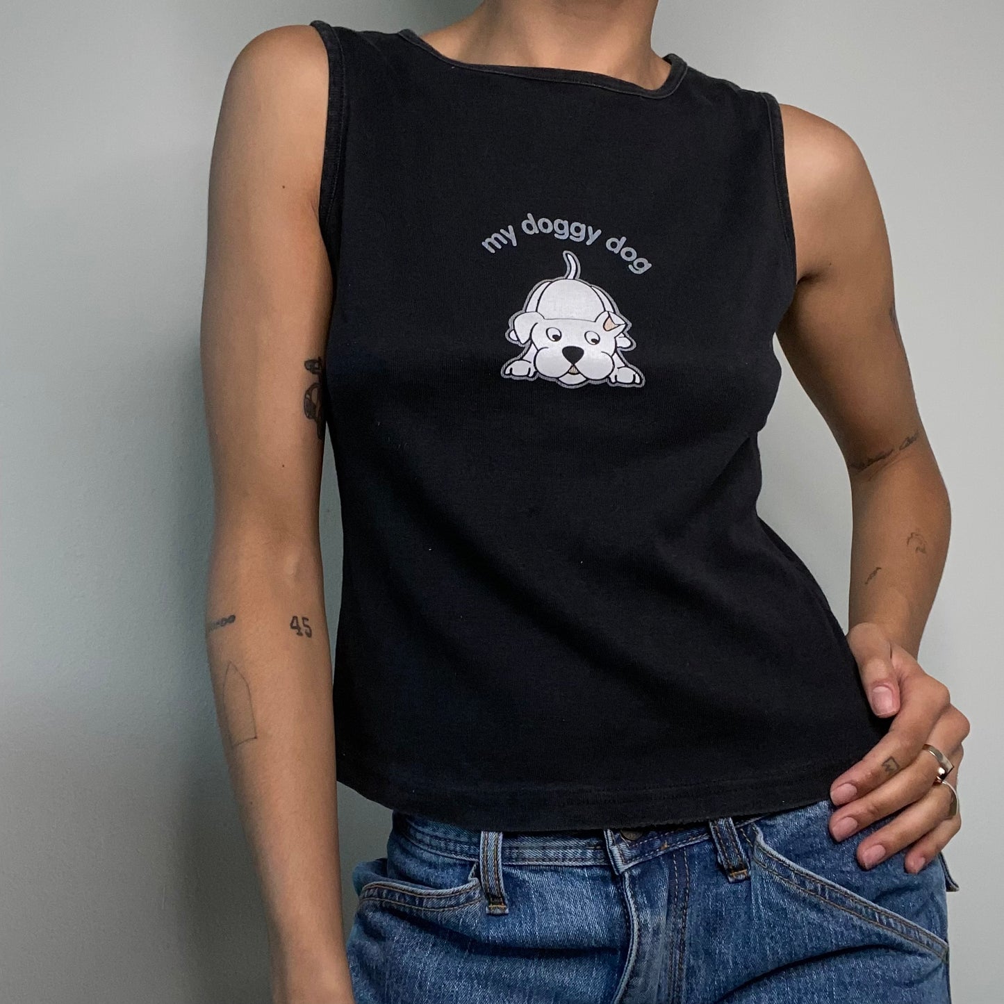 Vintage 90's Skater Black Tank Top with 'My Doggy Dog' Print (M)