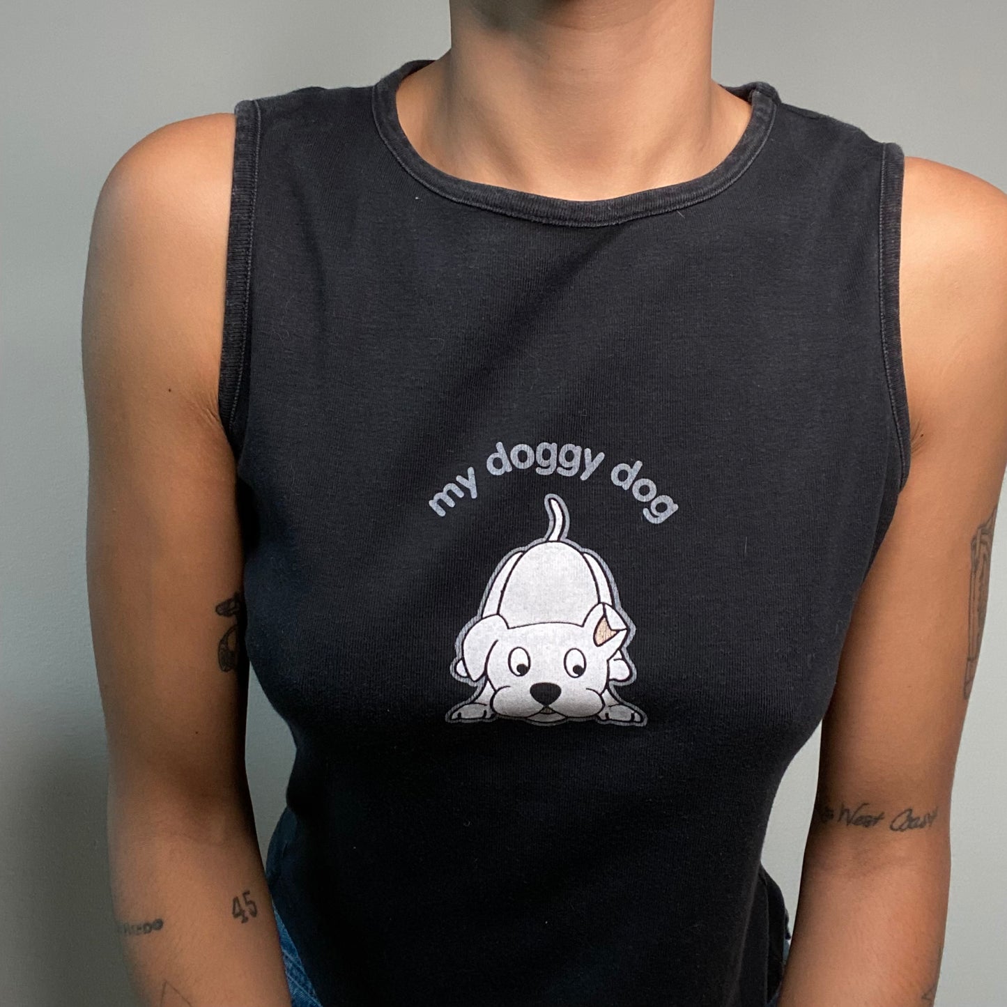 Vintage 90's Skater Black Tank Top with 'My Doggy Dog' Print (M)