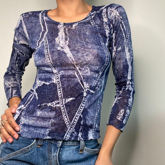 Vintage 90's Funky Denim Print Mesh Longsleeve (S/M)