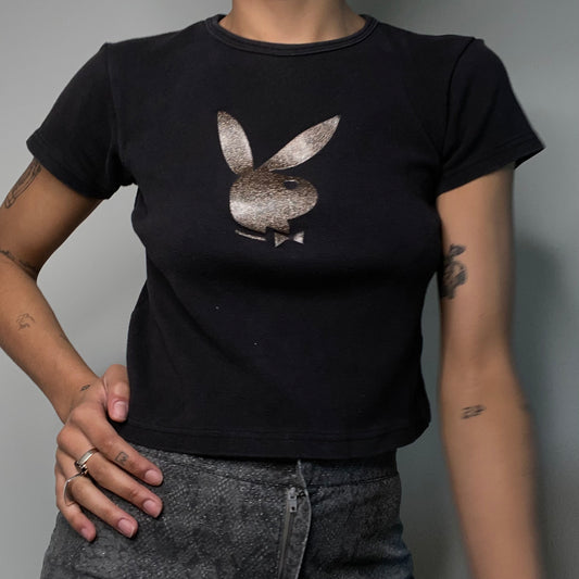 Vintage 90's Playboy Black Baby Tee with Golden Bunny Logo Print (S/M)