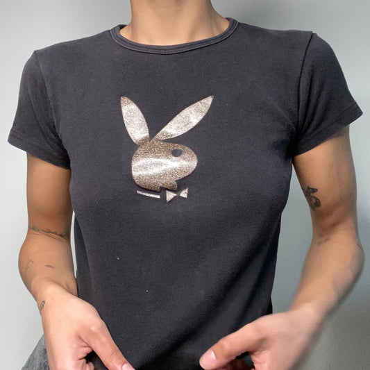 Vintage 90's Playboy Black Baby Tee with Golden Bunny Logo Print (S/M)