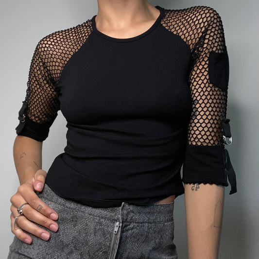 Vintage 90's Grunge Black Top with Midi Fishnet Sleeves (S)