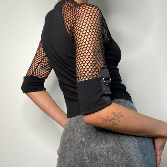 Vintage 90's Grunge Black Top with Midi Fishnet Sleeves (S)