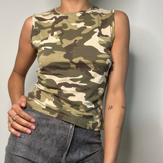 Vintage 90's Grunge Khaki Camo High Neck Tank Top (M)