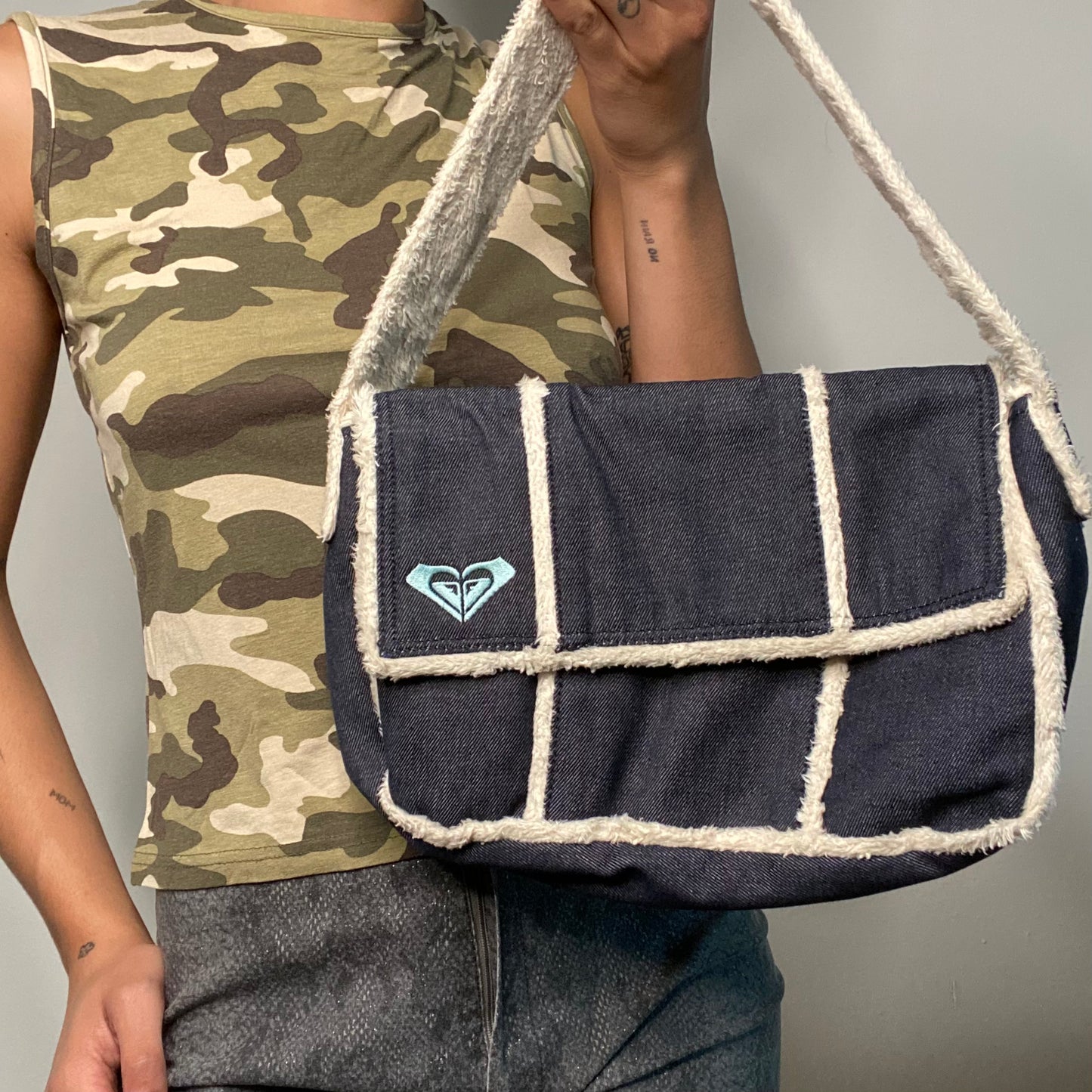 Vintage 90's Skater Denim and Fur Patchwork Fall Shoulder Bag