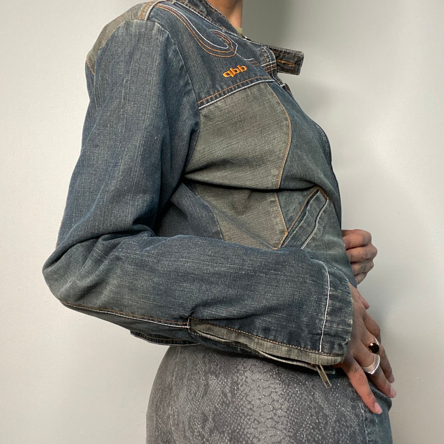 Vintage 90's Bella Hadid Motorcycle Denim Jacket With Orange Stitching (S/M)