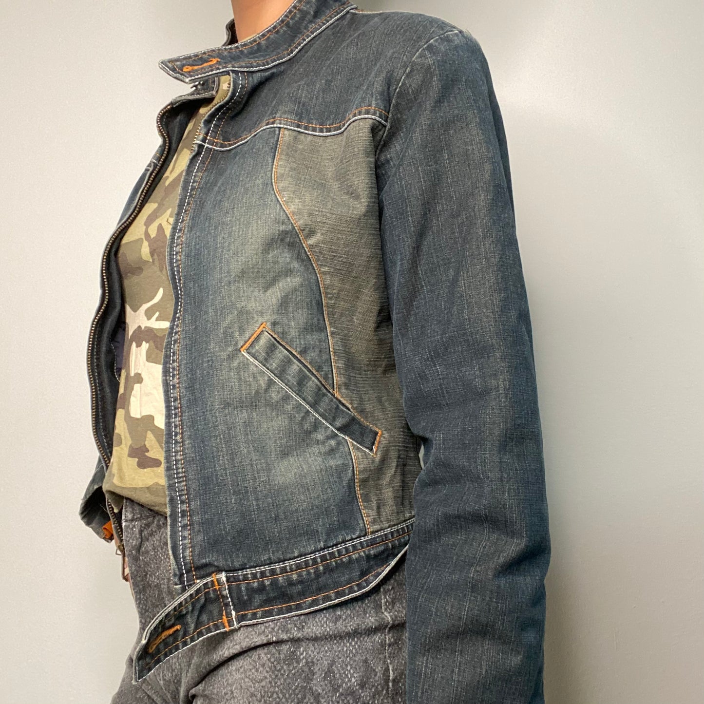 Vintage 90's Bella Hadid Motorcycle Denim Jacket With Orange Stitching (S/M)